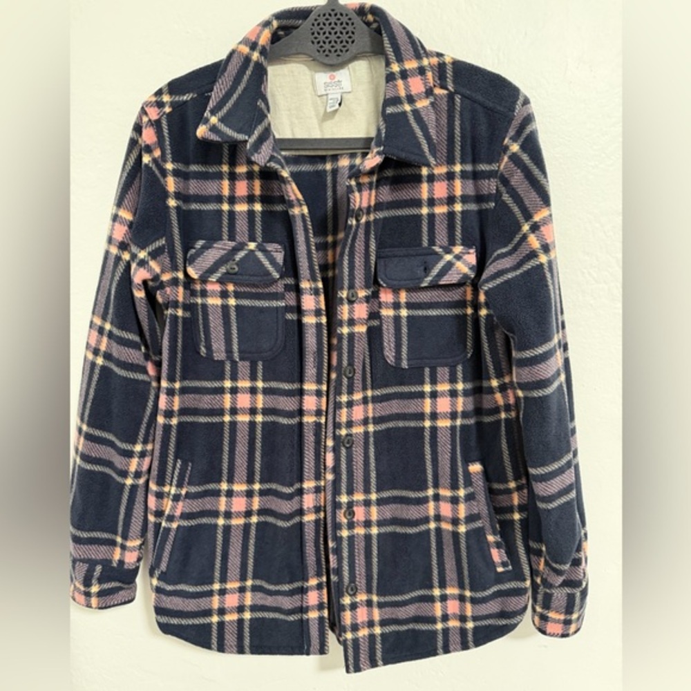 Sisstrevolution Plaid Fleece Shacket Womens Small Navy Pink Button Shirt Jacket